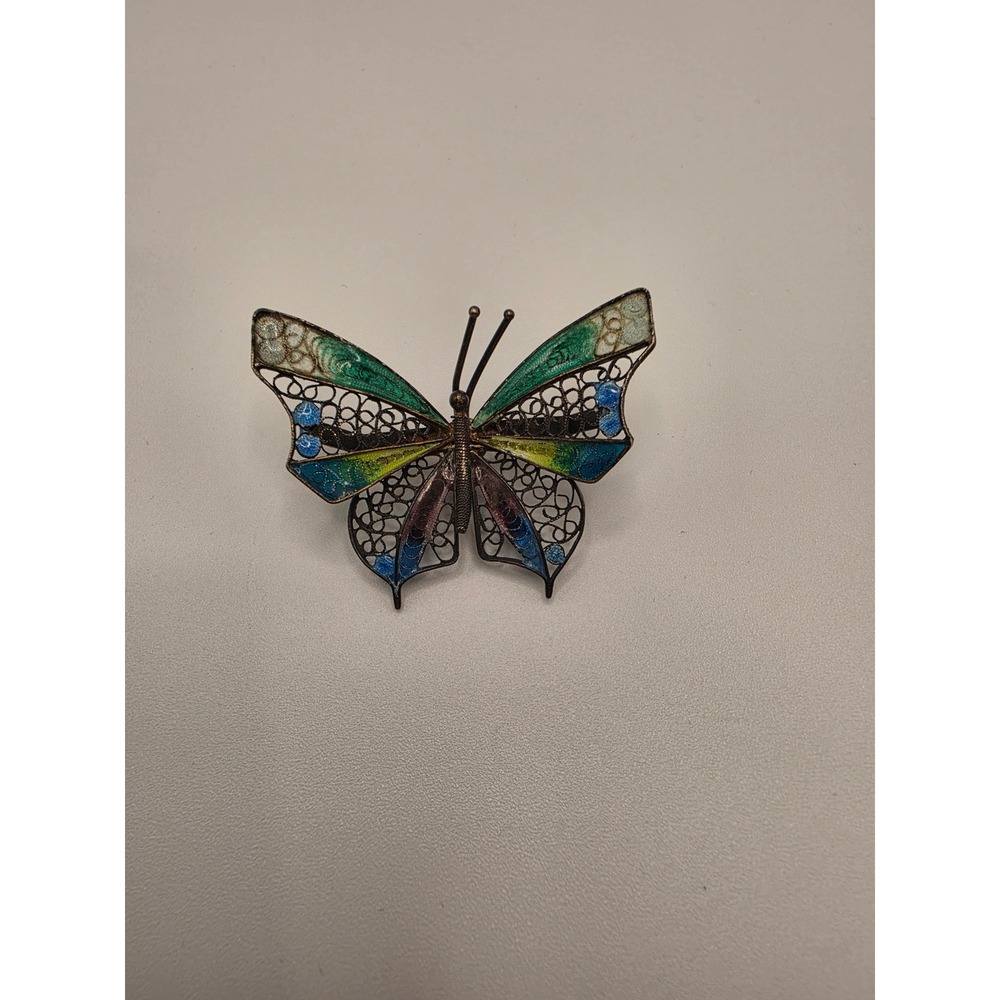 Vintage Italian 800 Silver Filigree Plique-a-Jour Enamel Butterfly Brooch Pin